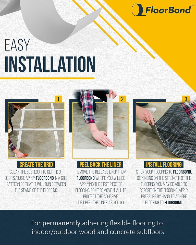 FloorBond شريط لاصق مزدوج الجوانب للاستخدام الثقيل لشريط السجاد للأرضيات المرنة والفينيل، بلاط السجاد، العشب الصناعي، بلاط الصالة الرياضية الرغوي، بلاط الصالة الرياضية المطاطي، سهل التركيب، قبضة قوية للغاية - Image 4